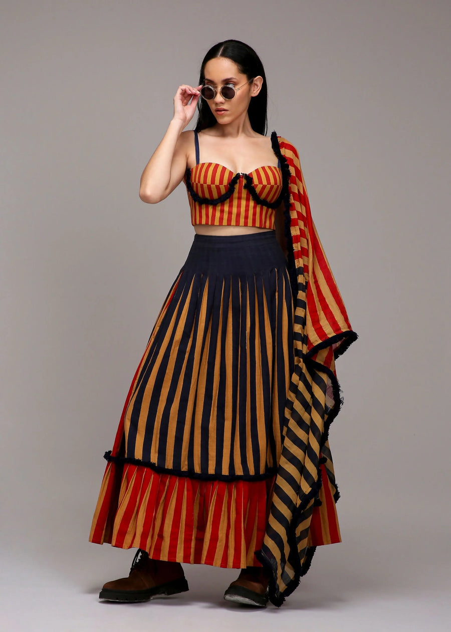 A Model Wearing Multicolor Cotton Tan-Brown Corset Dual Striped Stole Skirt Set (3 PCS), curated by Only Ethikal