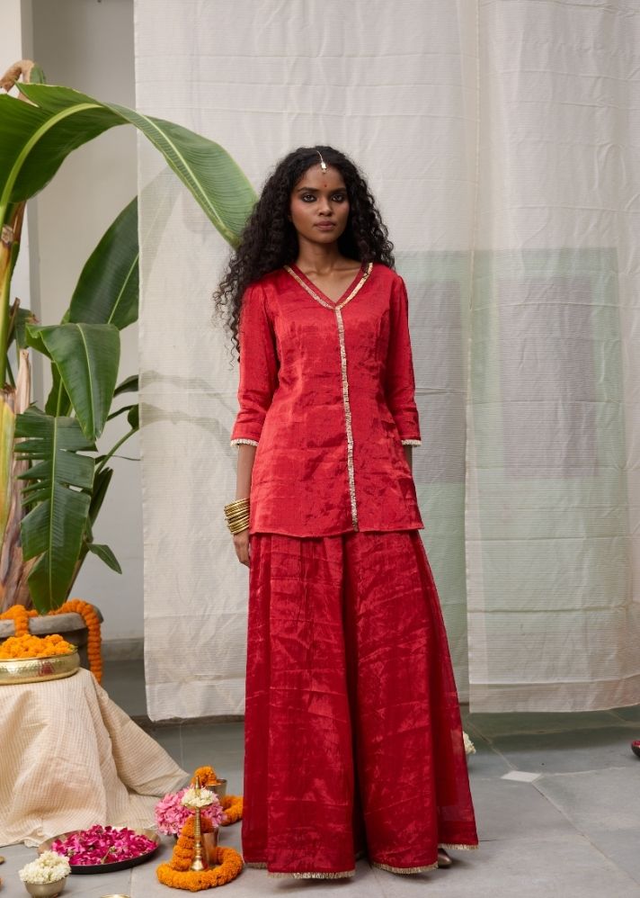 A Model Wearing Red  Chanderi Cotton Red Dhara Set Coord Set, curated by Only Ethikal