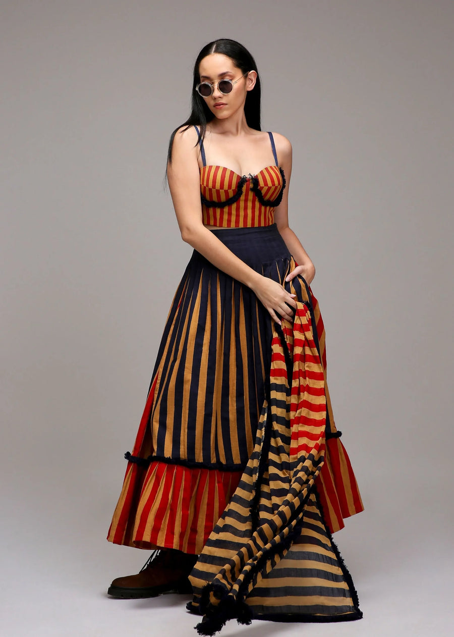 Tan-Brown Corset Dual Striped Stole Skirt Set (3 Pcs)