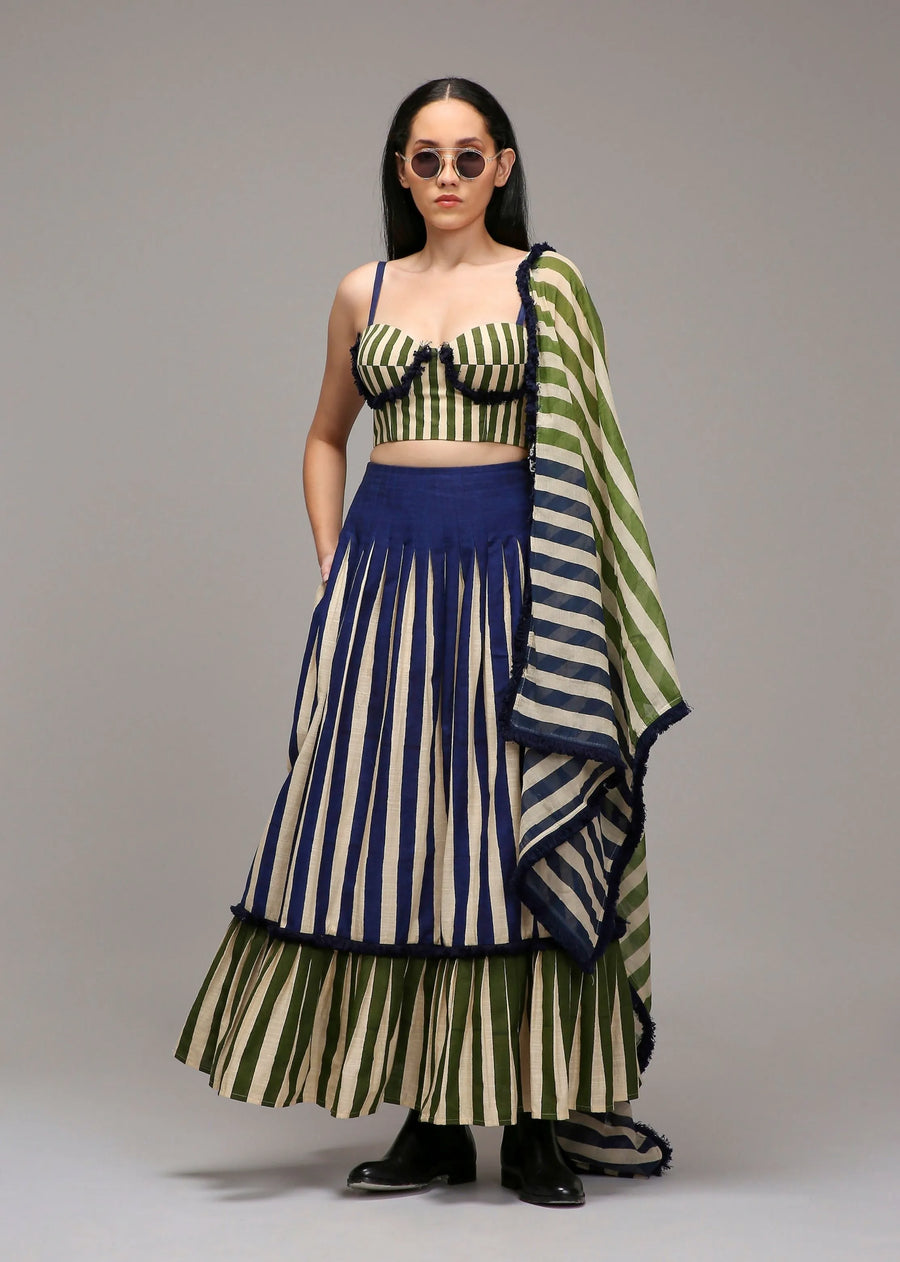 A Model Wearing Multicolor Cotton Egg-Shell Corset Dual Striped Stole Skirt Set (3 PCS), curated by Only Ethikal