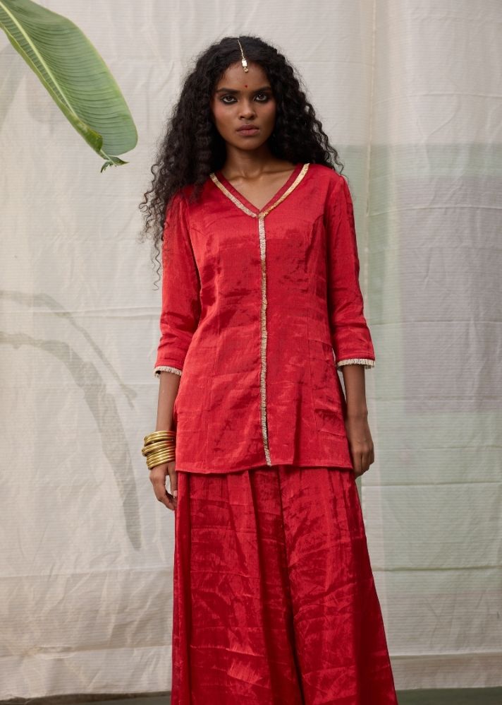 A Model Wearing Red  Chanderi Cotton Red Dhara Kurta Top, curated by Only Ethikal