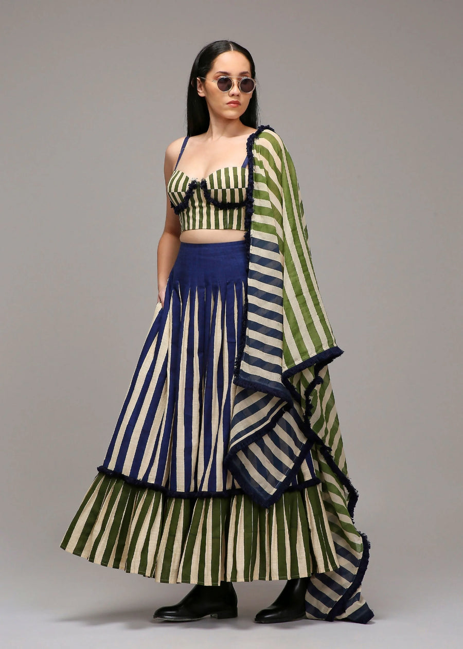 Egg-Shell Corset Dual Striped Stole Skirt Set (3 Pcs)