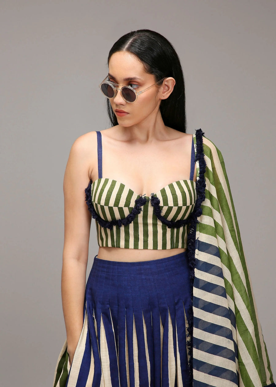 Egg-Shell Corset Dual Striped Stole Skirt Set (3 Pcs)