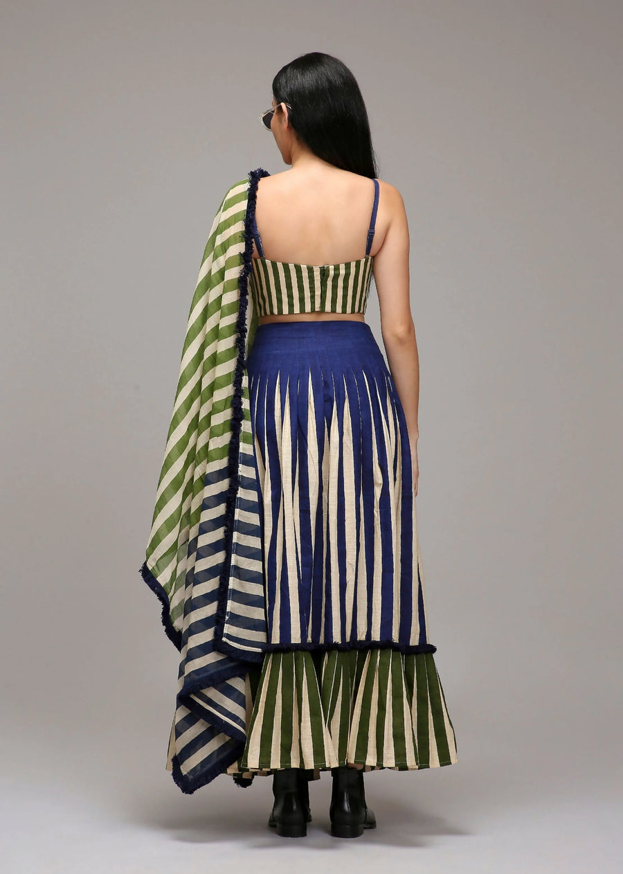 Egg-Shell Corset Dual Striped Stole Skirt Set (3 Pcs)