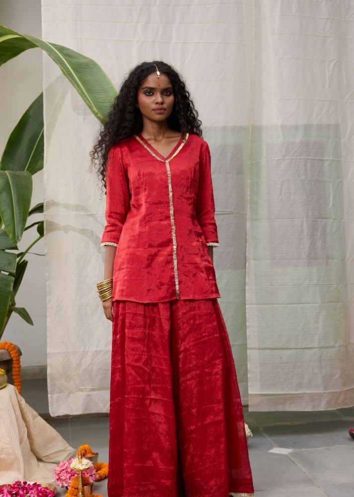 A Model Wearing Red  Chanderi Cotton Red Dhara Flared Pants Bottom, curated by Only Ethikal