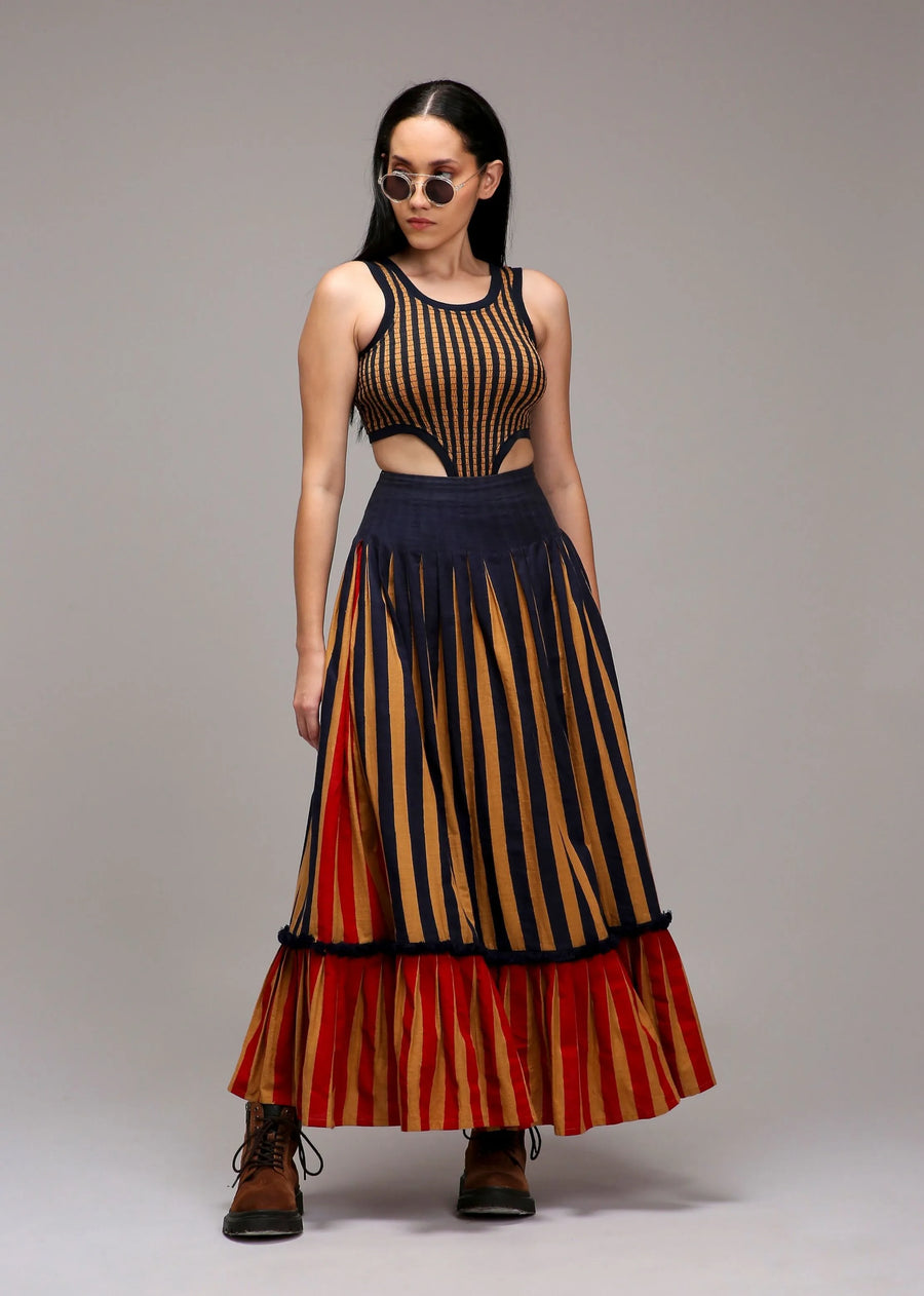 A Model Wearing Multicolor Cotton Tan-Brown Bodysuit Dual Striped Skirt Set (2 PCS), curated by Only Ethikal