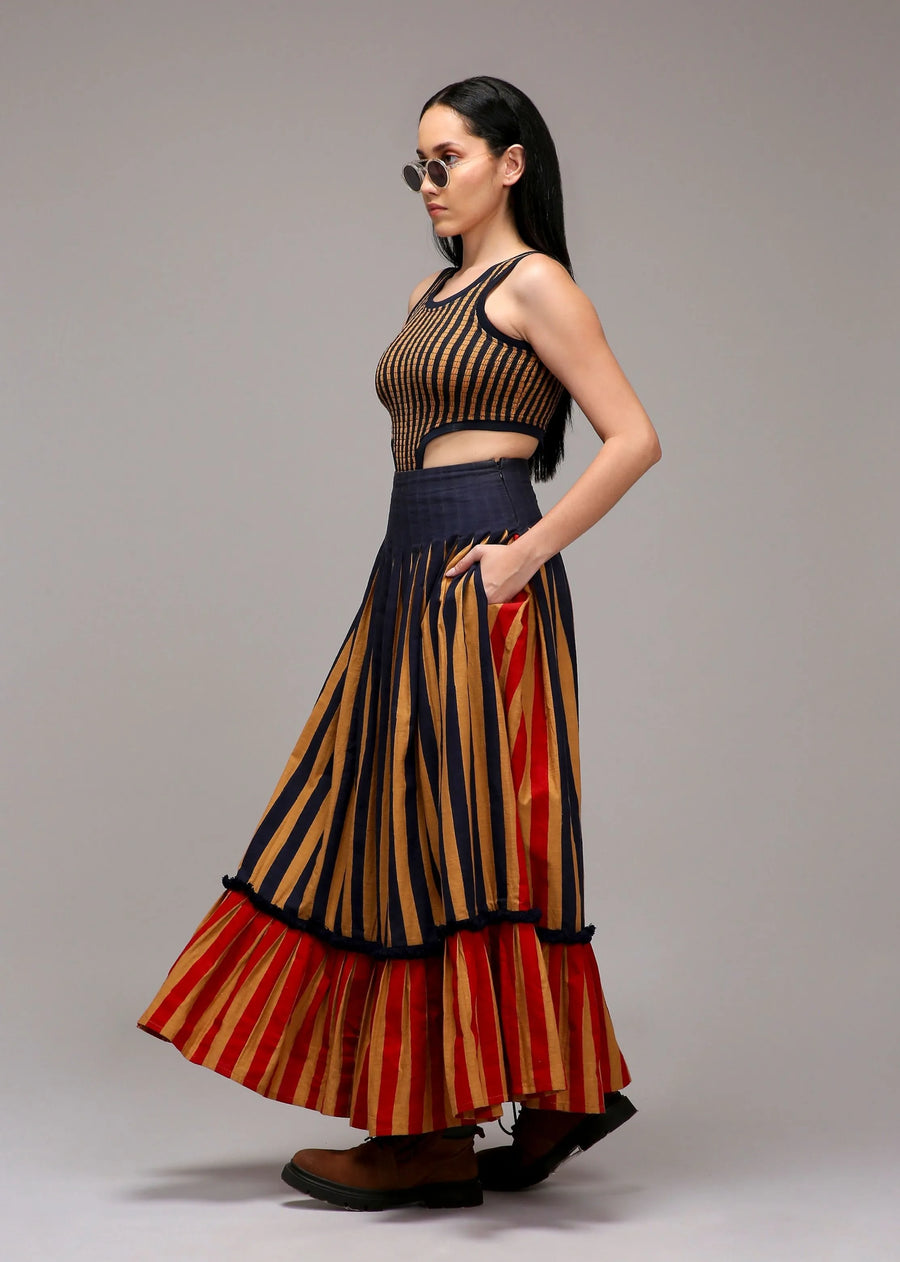 Tan-Brown Bodysuit Dual Striped Skirt Set (2 Pcs)