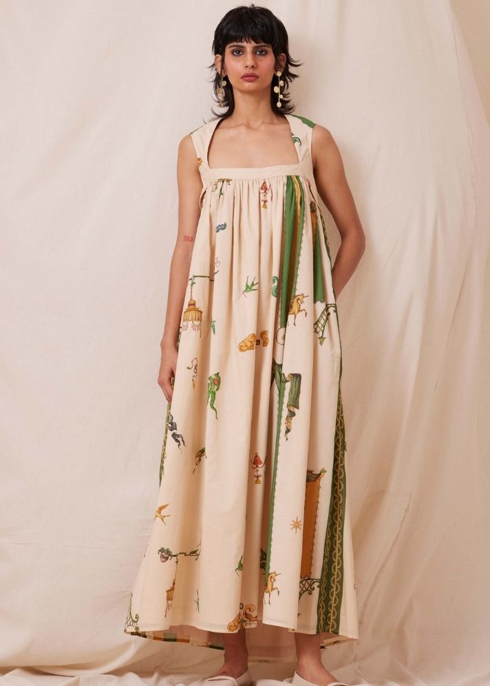 A Model Wearing  Organic Cotton  Selma Carnival Print Maxi Dress, curated by Only Ethikal