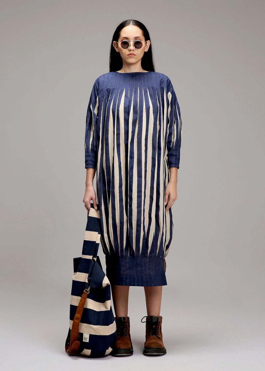 A Model Wearing Multicolor Cotton Egg-Shell Blue Striped Balloon Dress, curated by Only Ethikal