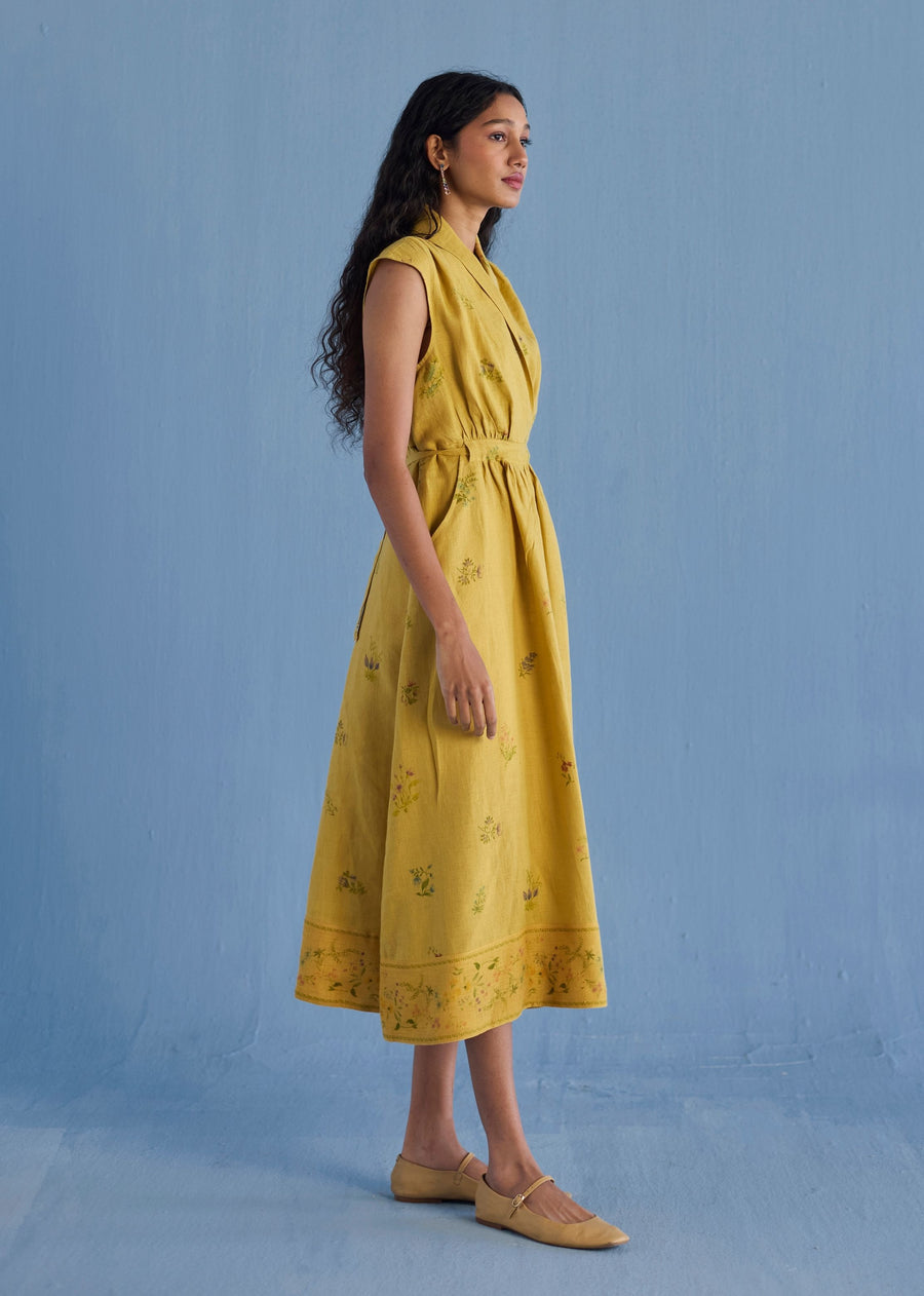 Mema Shawl Collar Printed Linen Dress - Ochre
