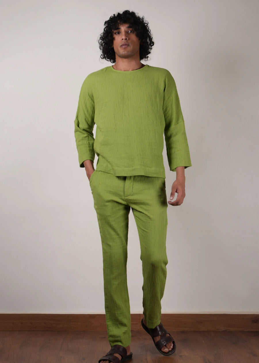 Men'S Crush Cotton Green Pants