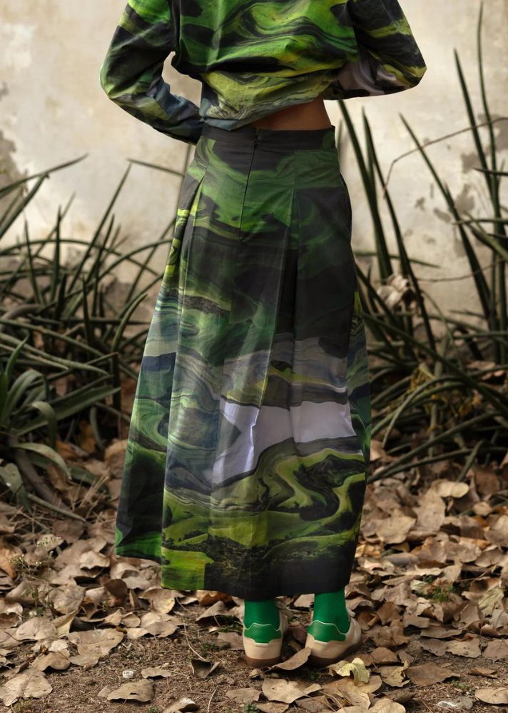 A Model Wearing Multicolor Upcycled Cotton Judy Printed Skirt, curated by Only Ethikal