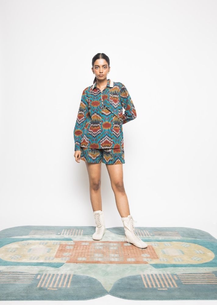 A Model Wearing Multicolor Handwoven Cotton Ikat Button-Up Shirt, curated by Only Ethikal