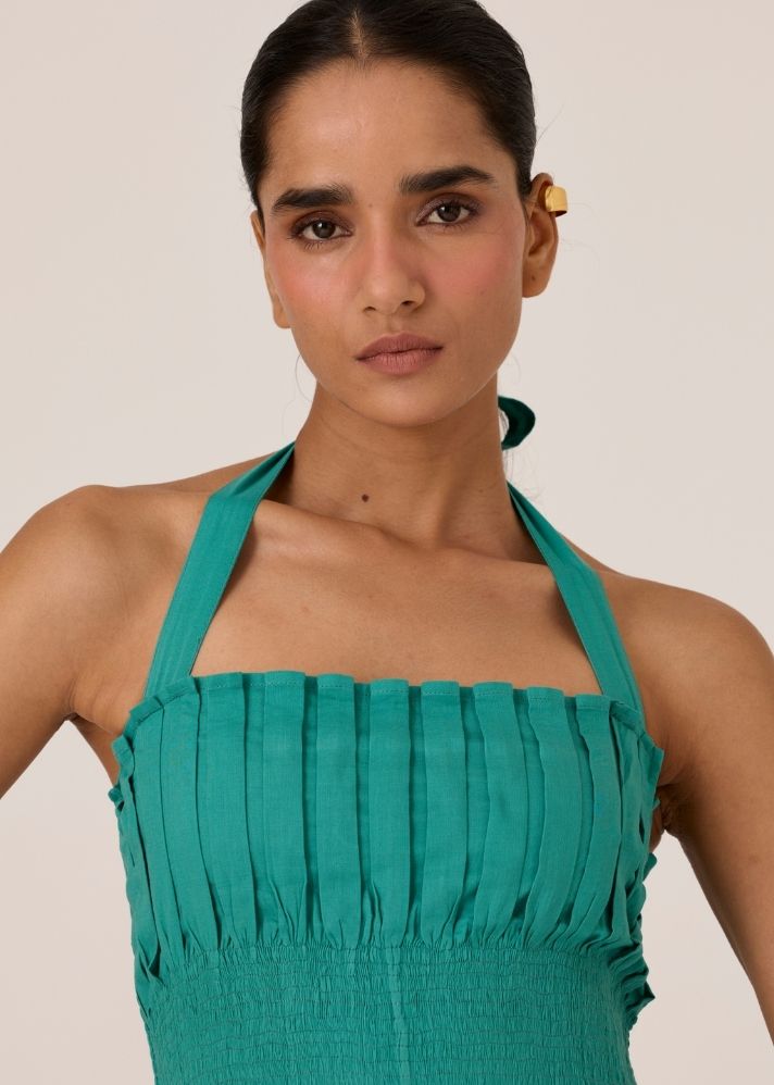 Aisha Cyan Pleated Midi Dress