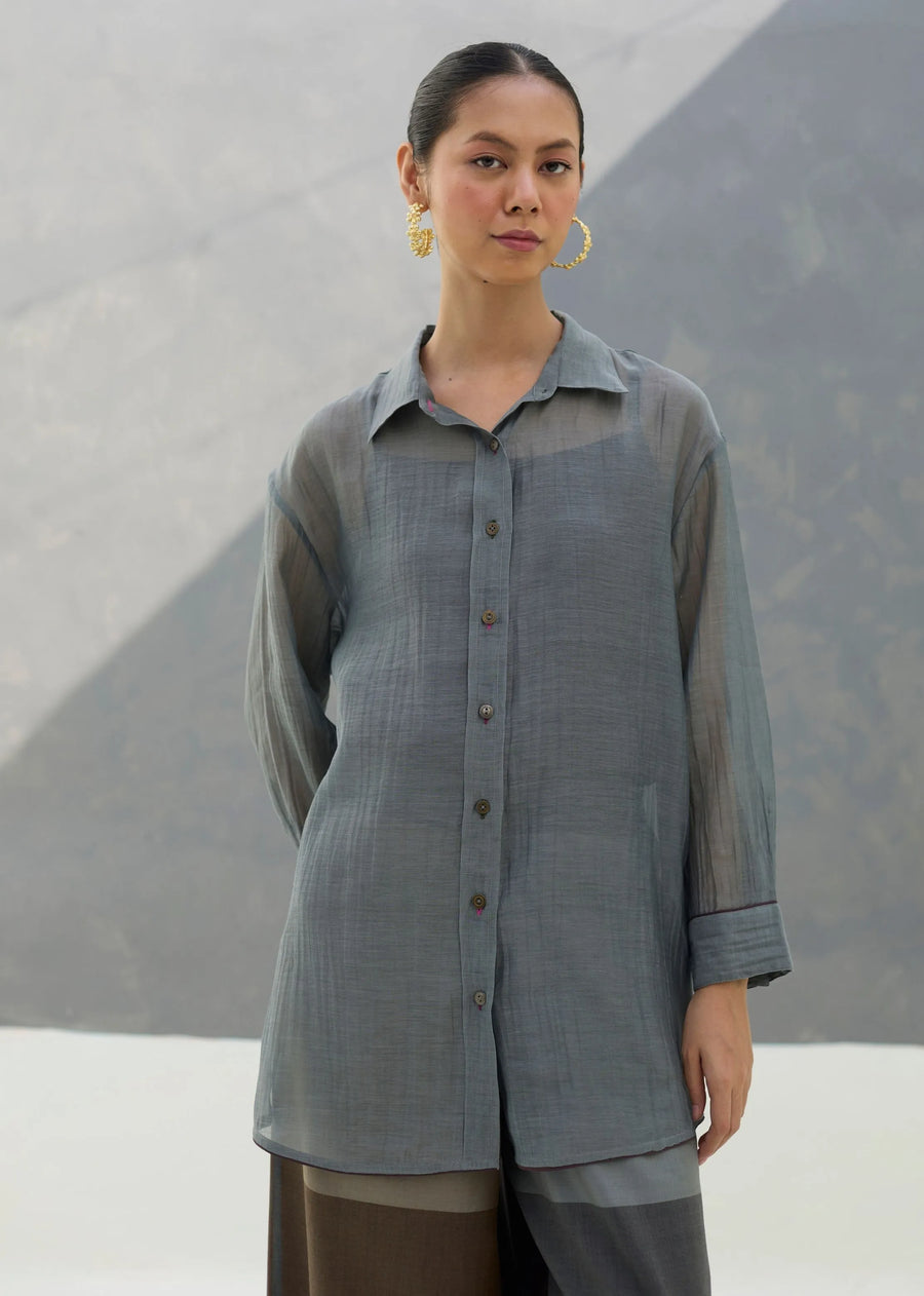 A Model Wearing Grey Silk Nazo Sheer Silk Chanderi Shirt - Grey, curated by Only Ethikal