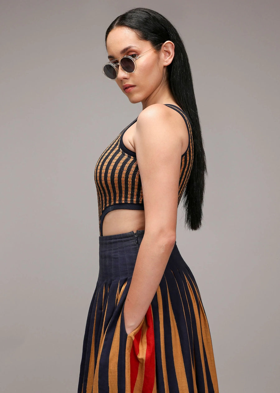 Tan-Brown Bodysuit Dual Striped Skirt Set (2 Pcs)