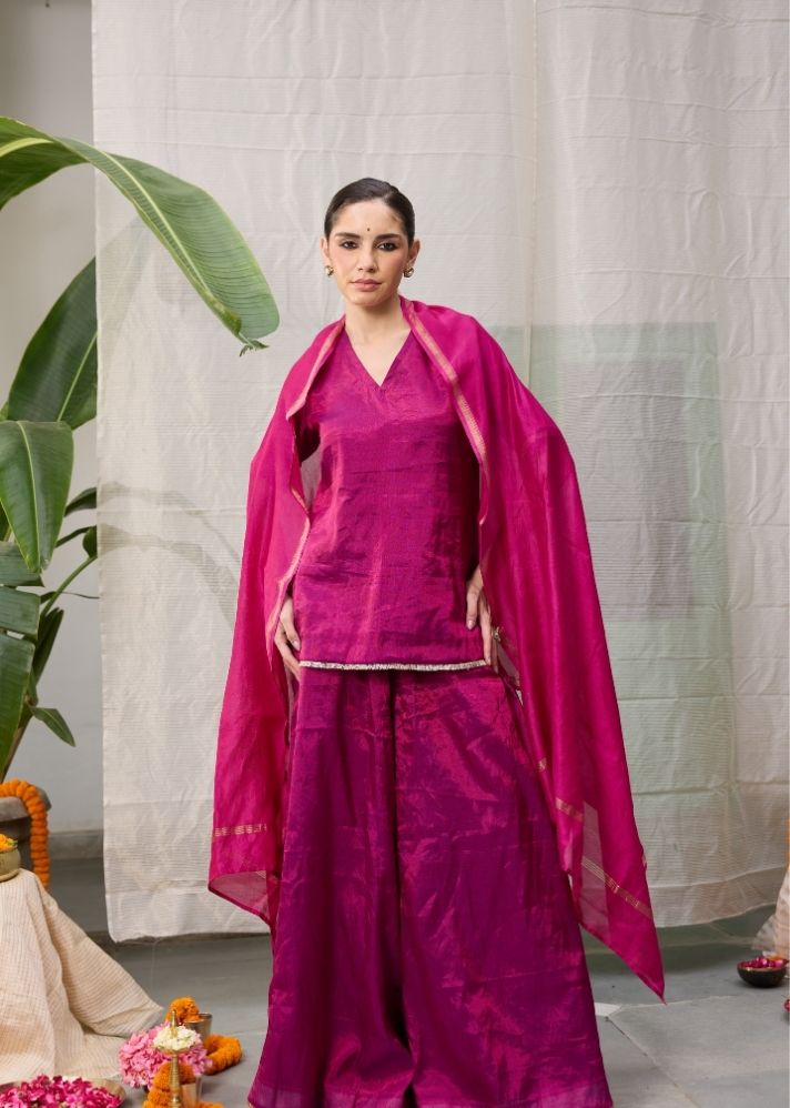 A Model Wearing Pink  Chanderi Cotton Pink Amala Set Coord Set, curated by Only Ethikal