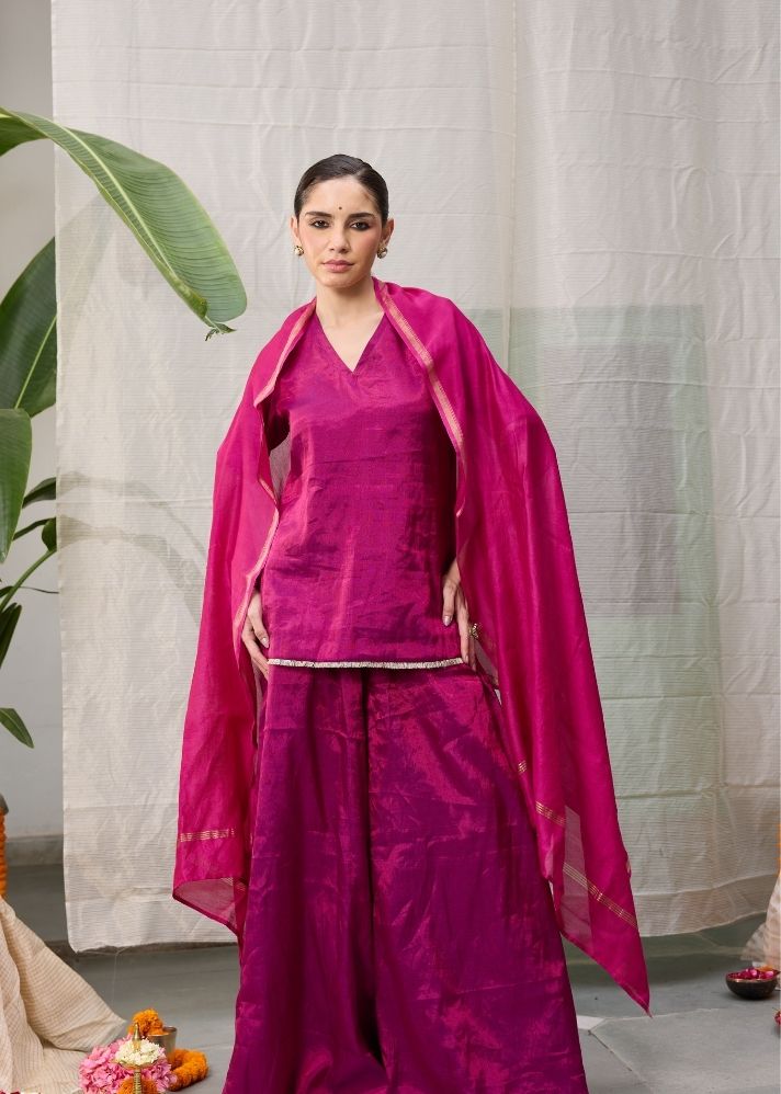 A Model Wearing Pink  Chanderi Cotton Pink Amala Kurta Top, curated by Only Ethikal