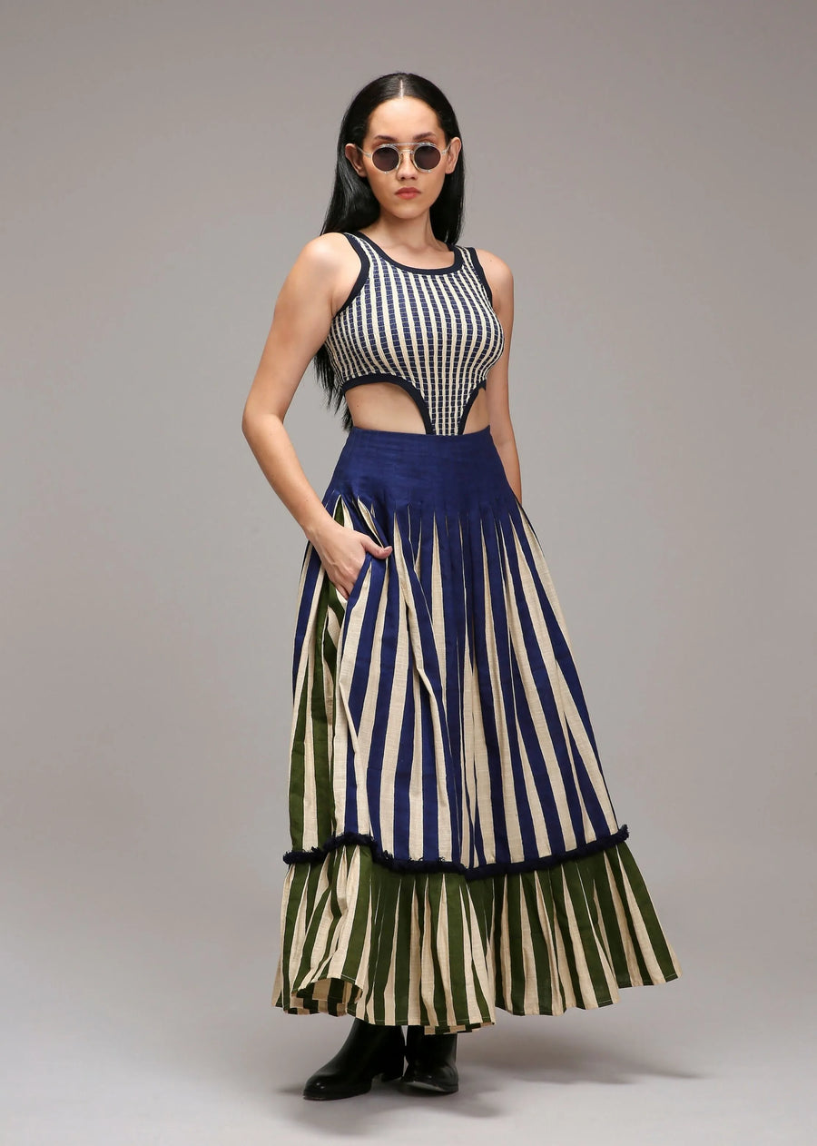 Egg-Shell Bodysuit Dual Striped Skirt Set (2 Pcs)