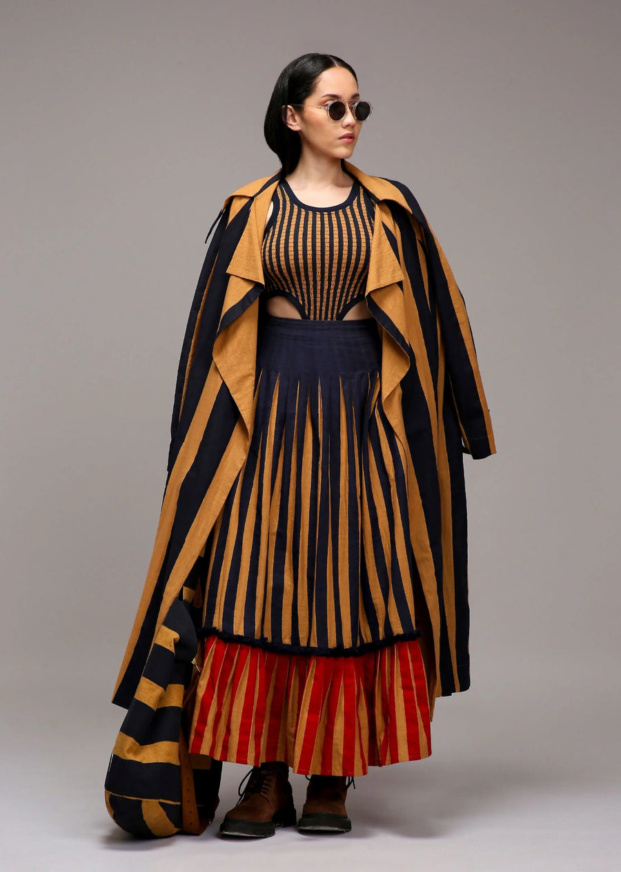 A Model Wearing Multicolor Cotton Tan-Brown Trench Bodysuit Dual Striped Skirt Set (3 PCS), curated by Only Ethikal