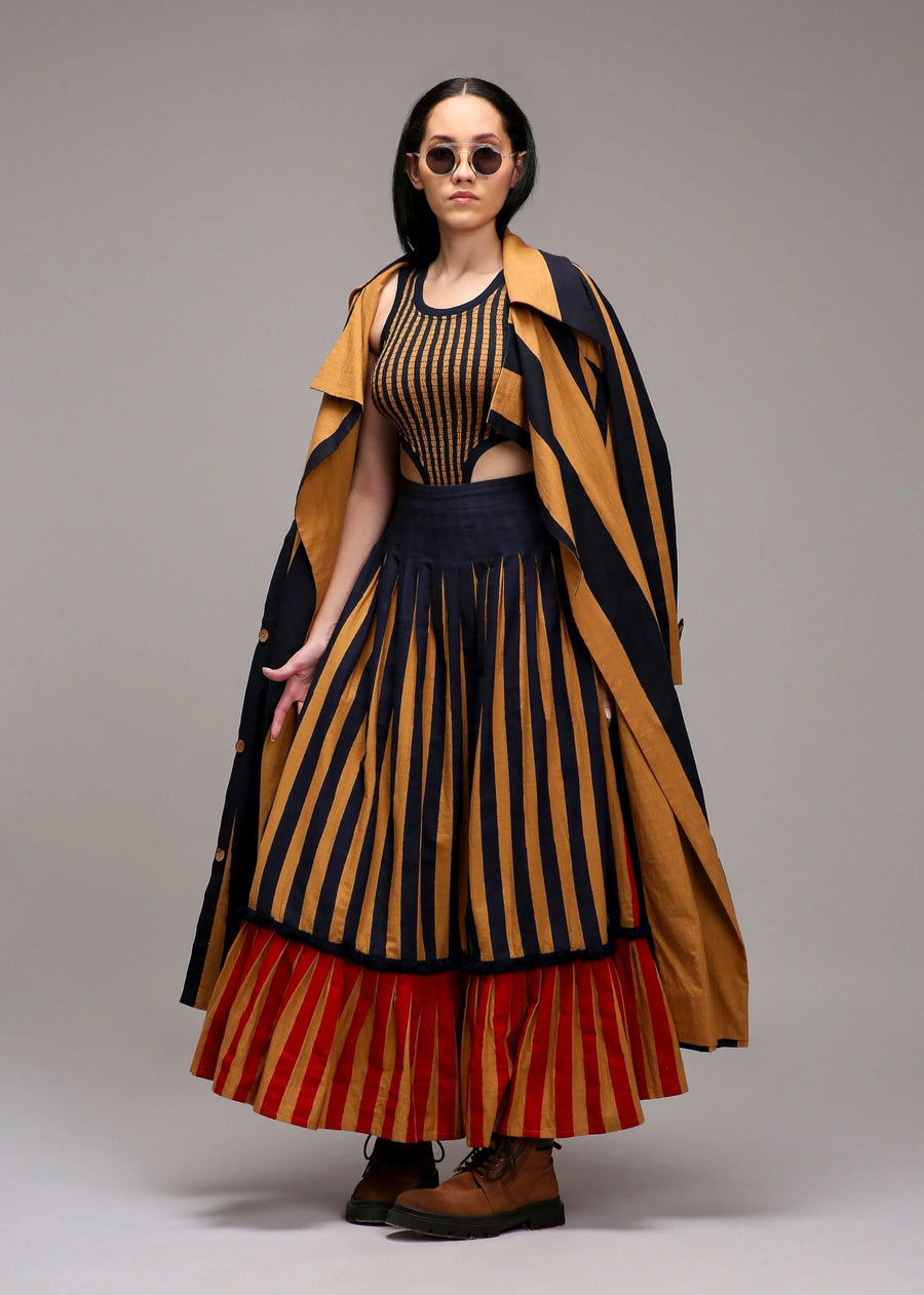 Tan-Brown Trench Bodysuit Dual Striped Skirt Set (3 Pcs)