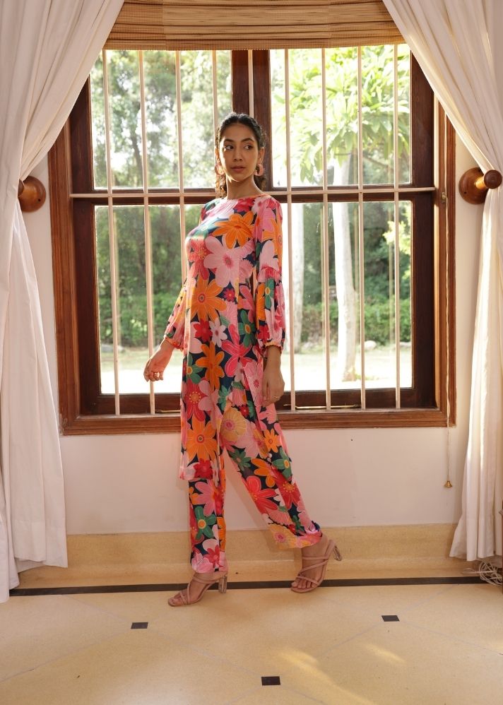 A Model Wearing Multicolor Vegan Silk Iris Pants- Mosaic Pink Print, curated by Only Ethikal