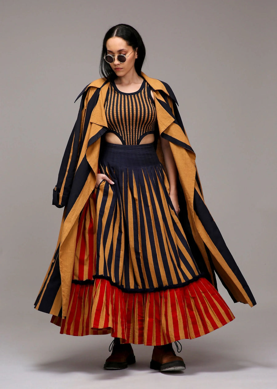 Tan-Brown Trench Bodysuit Dual Striped Skirt Set (3 Pcs)