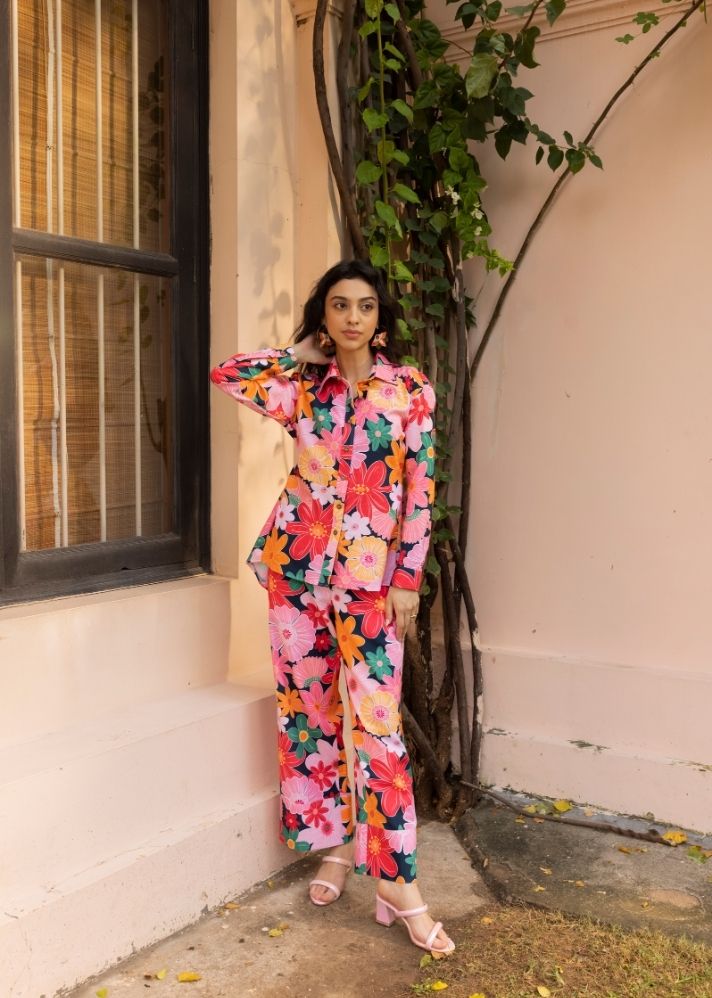 A Model Wearing Multicolor Organic Cotton Palm Co-Ord Set- Mosaic Pink Print, curated by Only Ethikal