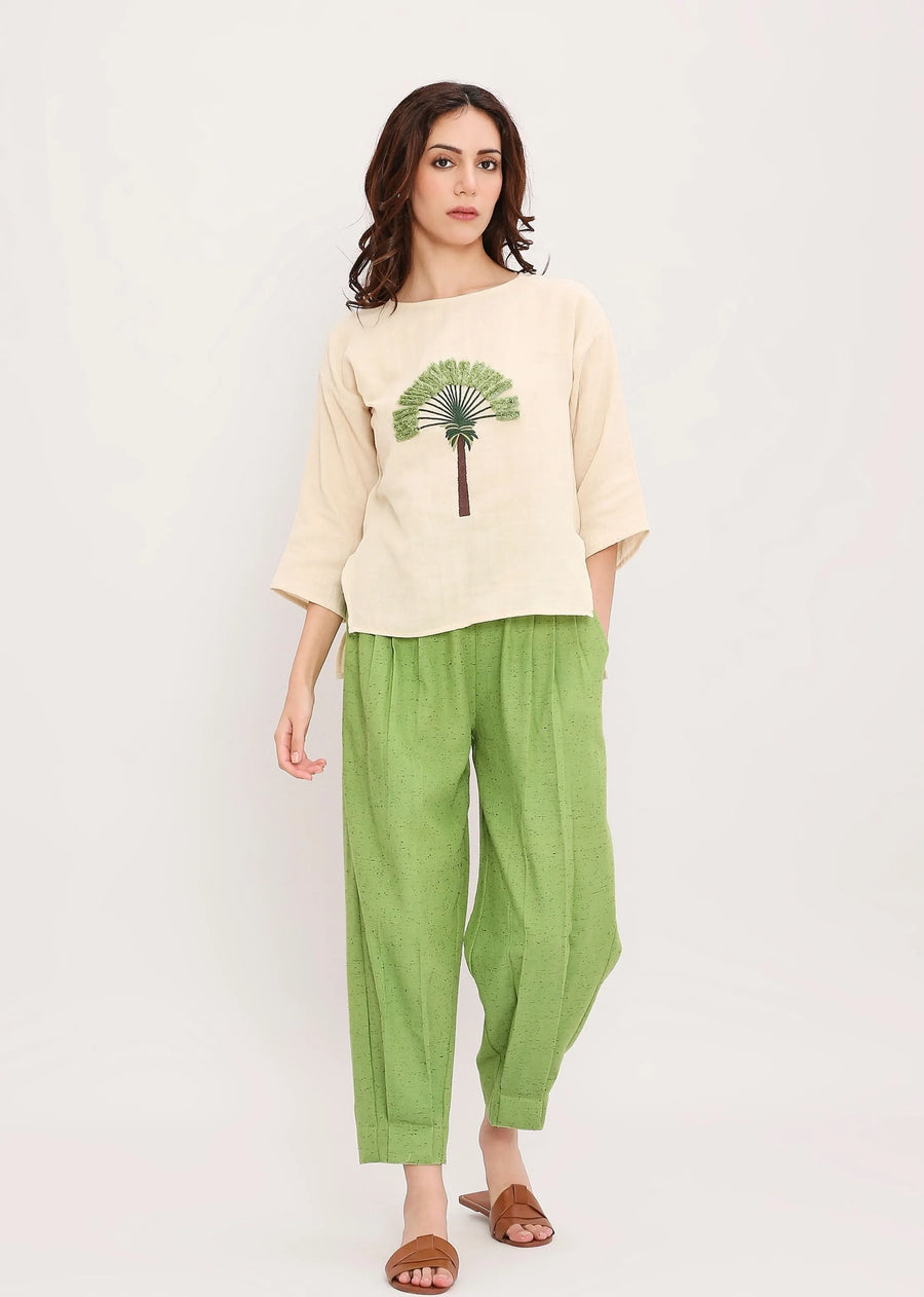 Green Textured Cotton Dotted Pants