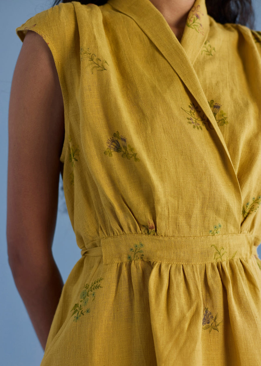 Mema Shawl Collar Printed Linen Dress - Ochre