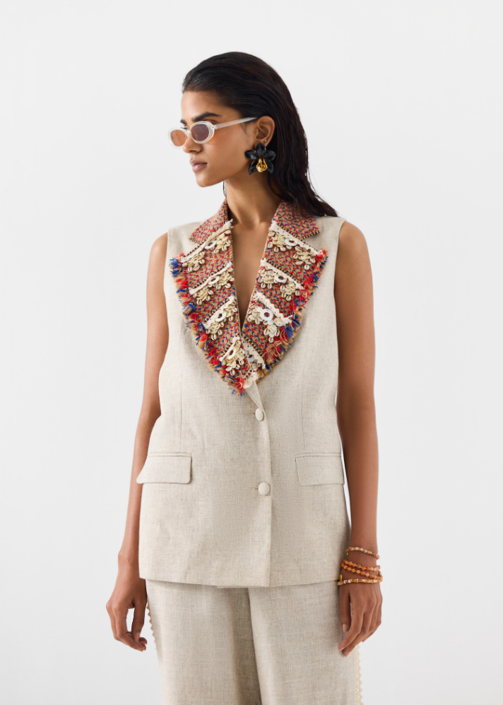 A Model Wearing Beige Linen Palm Island Blazer And Pants, curated by Only Ethikal