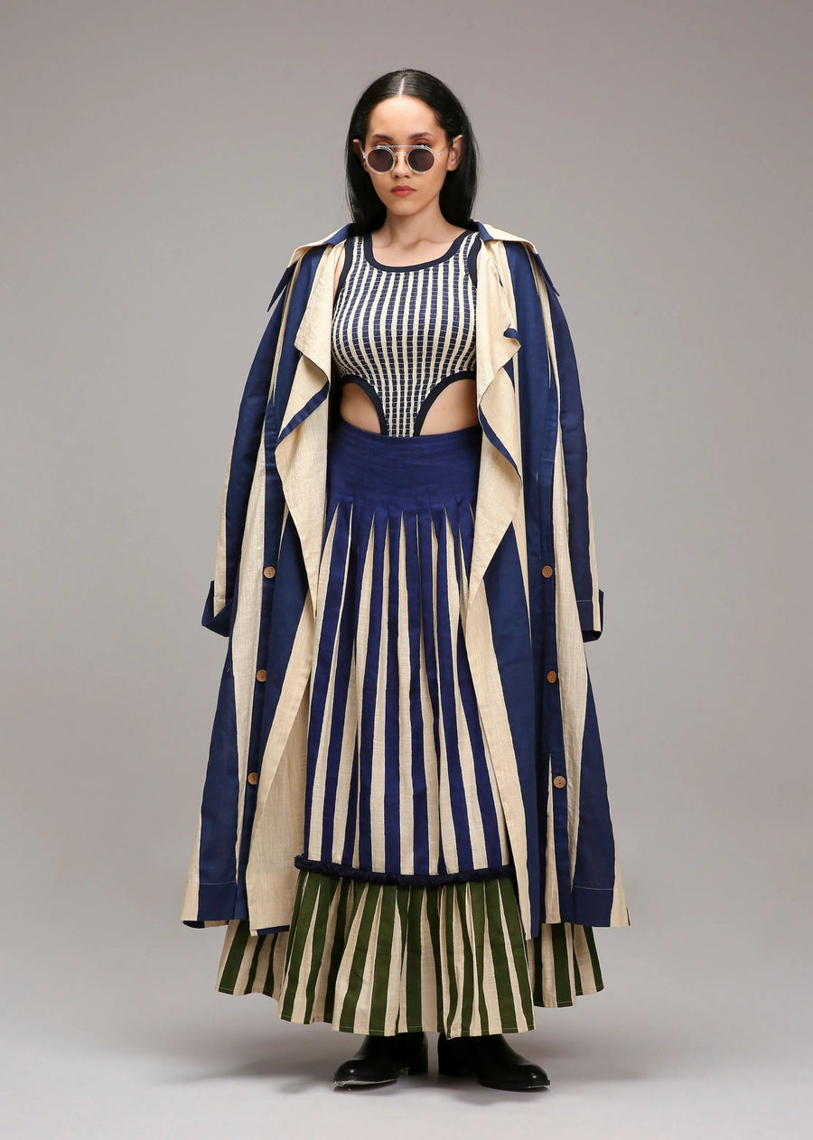 A Model Wearing Multicolor Cotton Egg-Shell Trench Bodysuit Dual Striped Skirt Set (3 PCS), curated by Only Ethikal