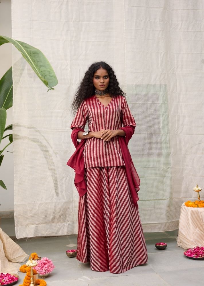 A Model Wearing Red  Chanderi Cotton Red Amala Set Coord Set, curated by Only Ethikal