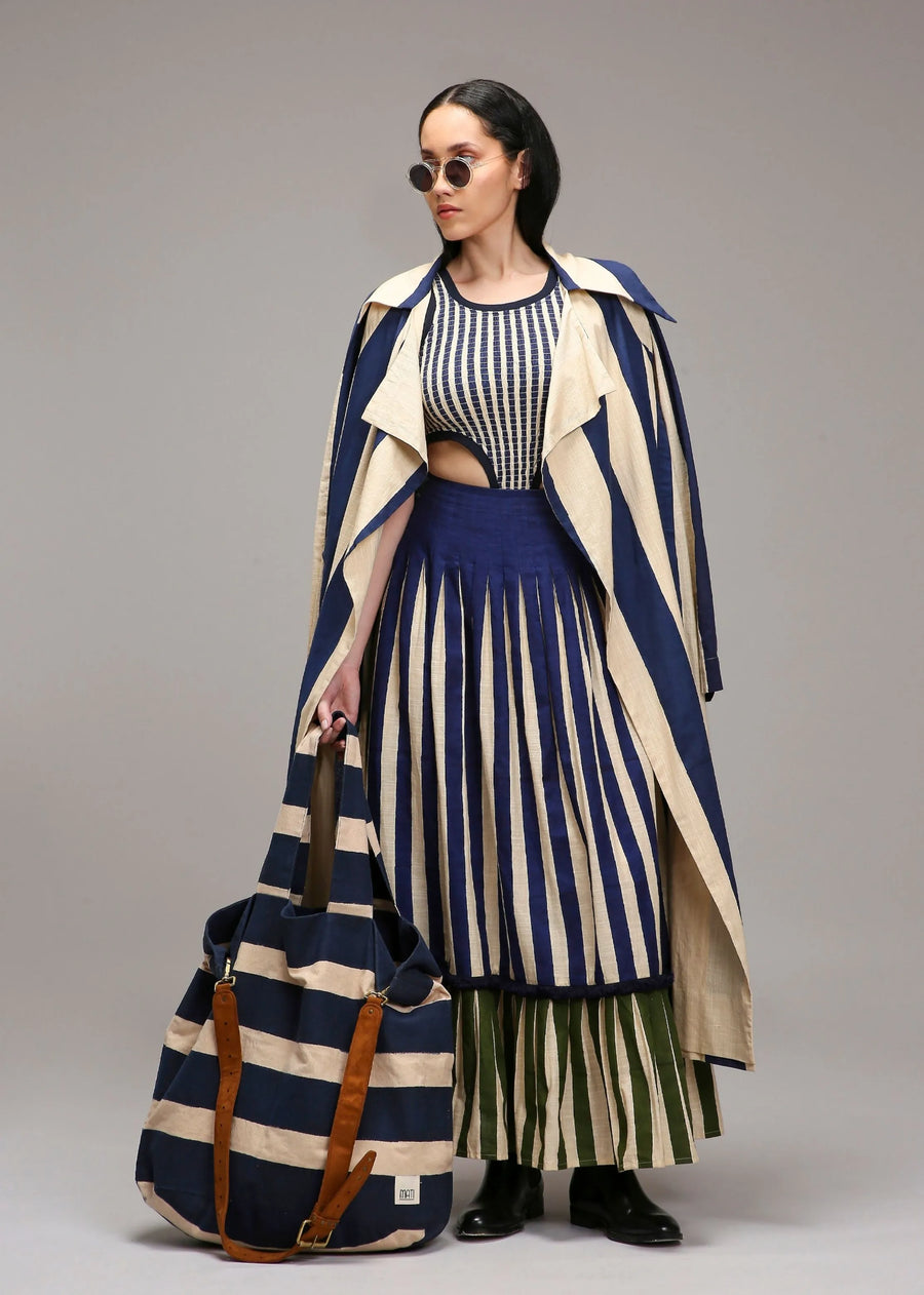 Egg-Shell Trench Bodysuit Dual Striped Skirt Set (3 Pcs)