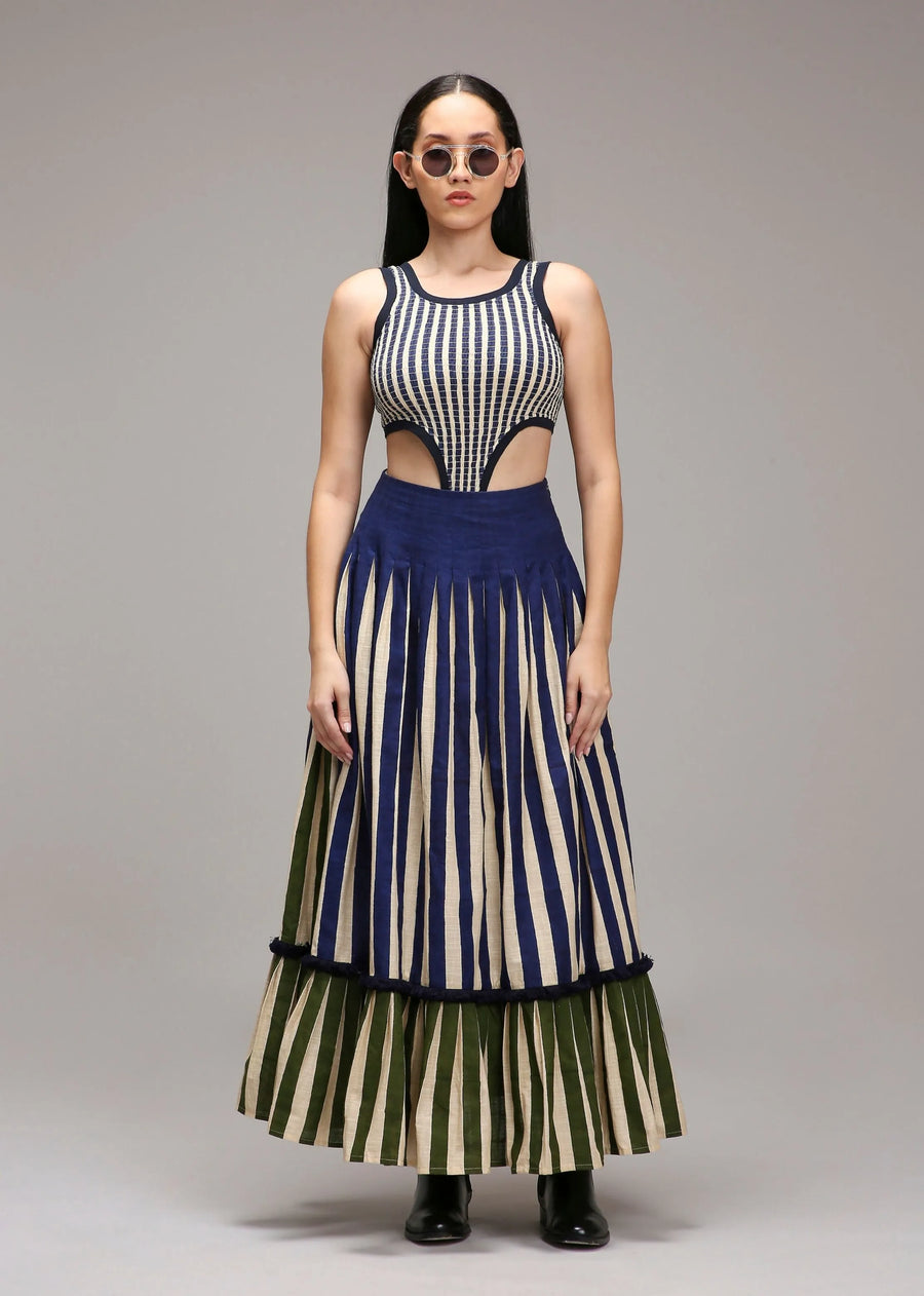 Egg-Shell Trench Bodysuit Dual Striped Skirt Set (3 Pcs)