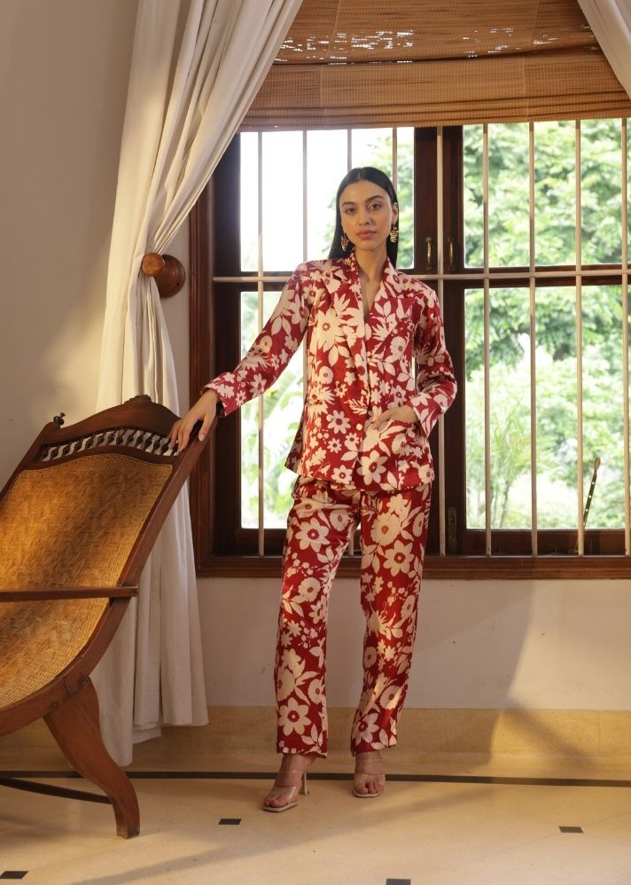 A Model Wearing Multicolor Vegan Silk Iris Pants- Oasis Red Print, curated by Only Ethikal
