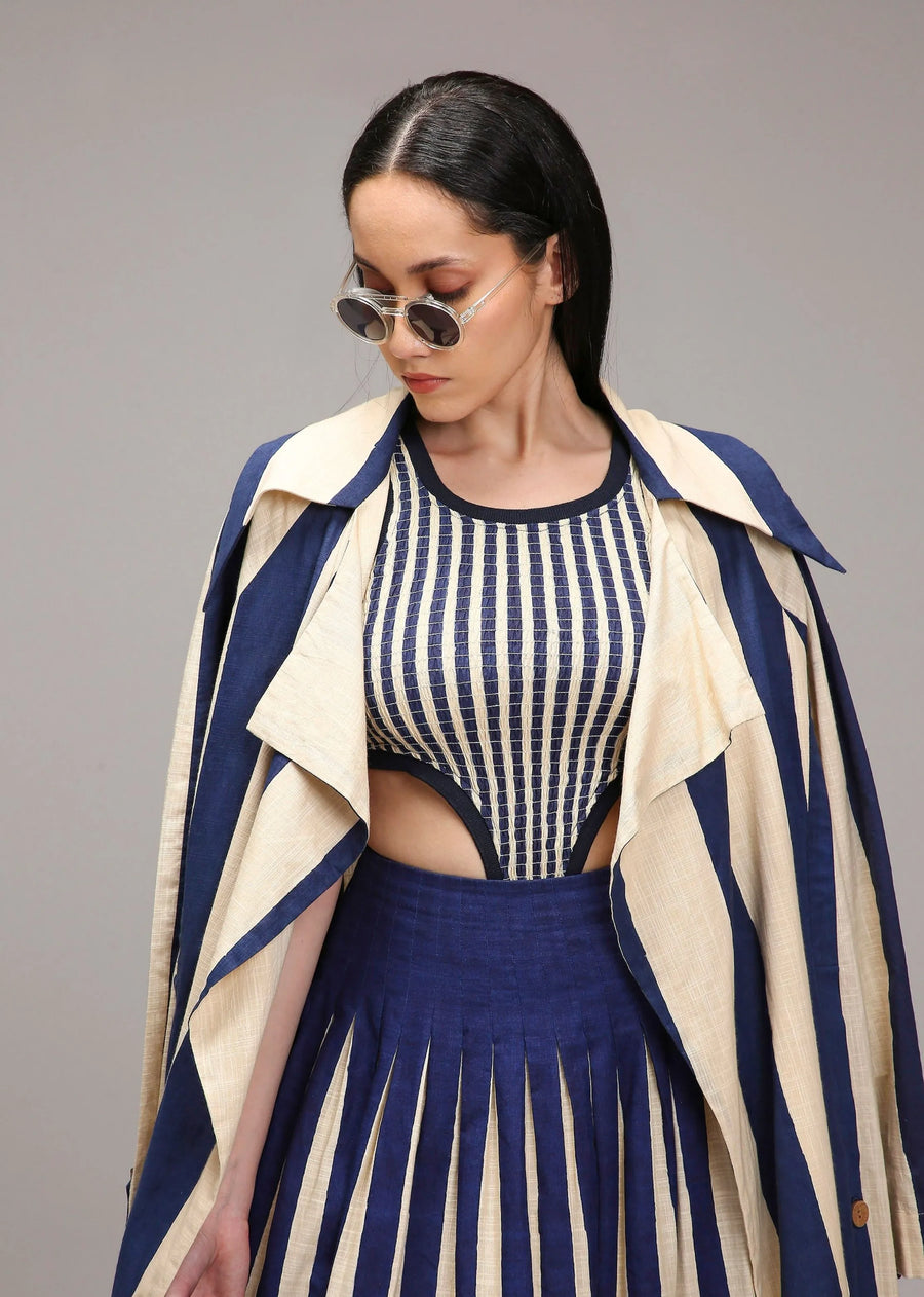 Egg-Shell Trench Bodysuit Dual Striped Skirt Set (3 Pcs)
