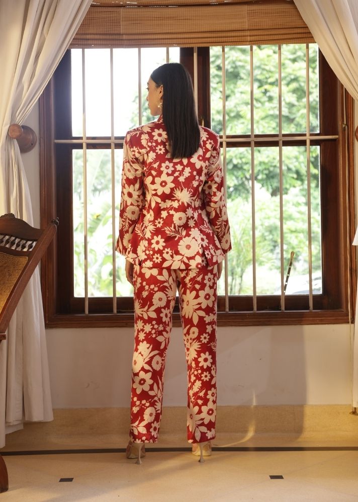A Model Wearing Multicolor Vegan Silk Iris Pants- Oasis Red Print, curated by Only Ethikal