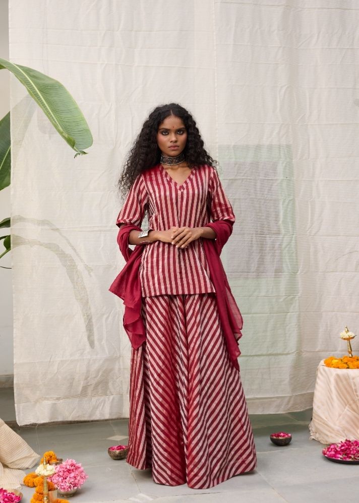 A Model Wearing Red  Chanderi Cotton Red Amala Kurta Top, curated by Only Ethikal