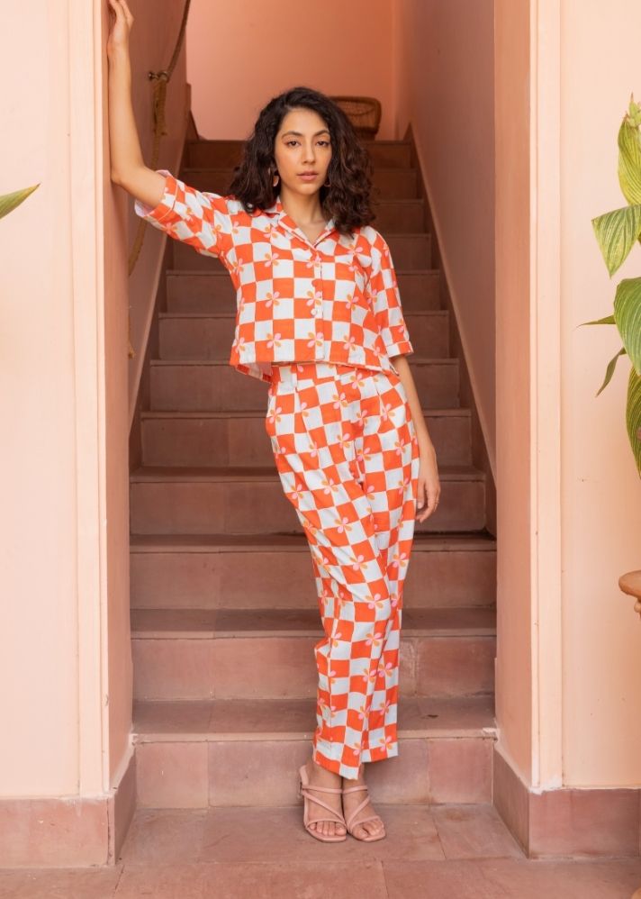 A Model Wearing Multicolor Organic Cotton Agua Pants- Peach Checks, curated by Only Ethikal