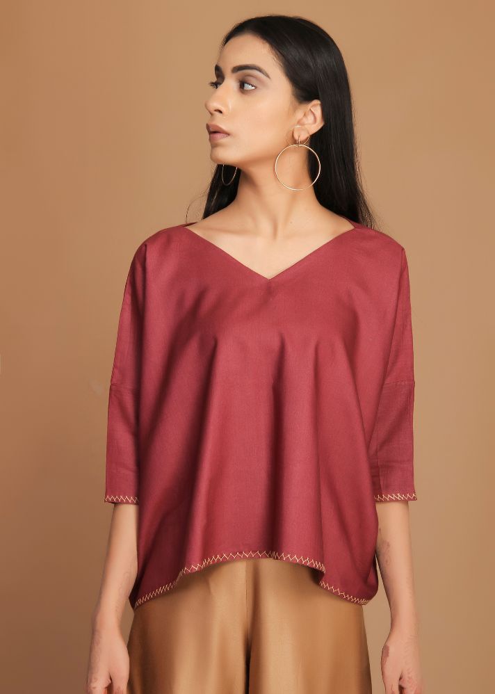 A Model Wearing Multicolor Handloom Cotton Dull Barn Red Loose Top, curated by Only Ethikal