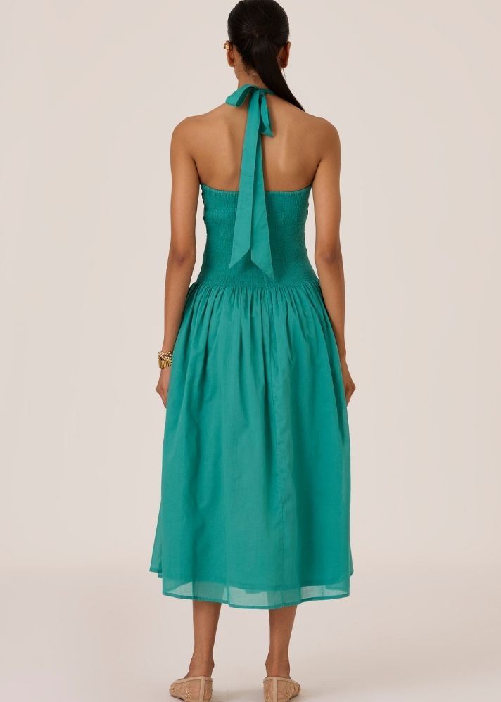 Aisha Cyan Pleated Midi Dress