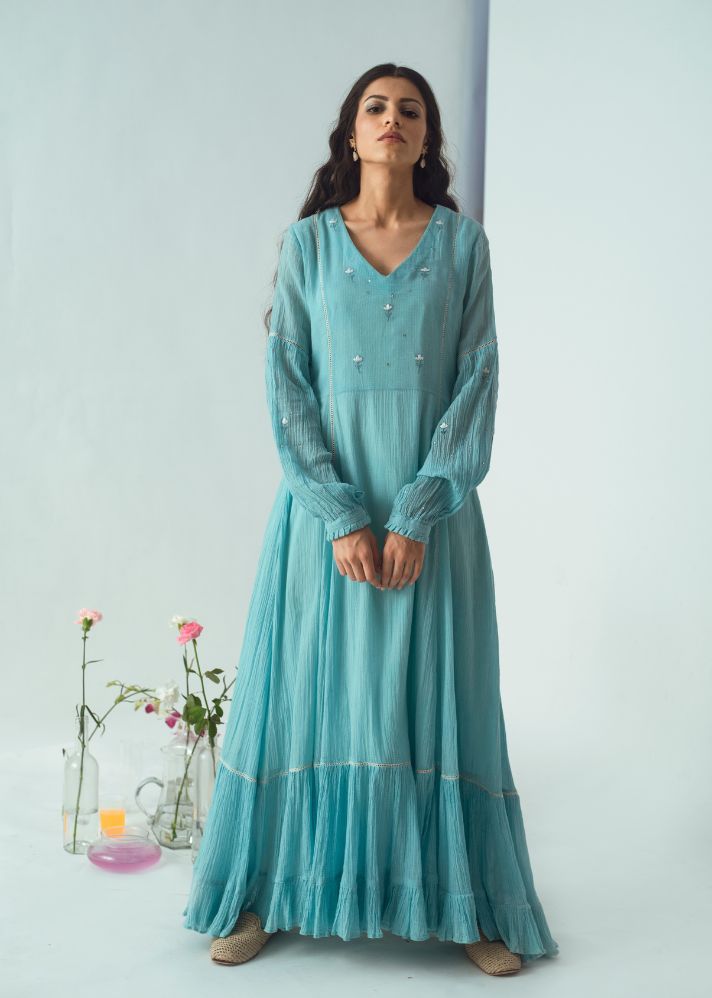 A Model Wearing Blue Handwoven Cotton Free Thy Self Dress In Kota Slub

, curated by Only Ethikal