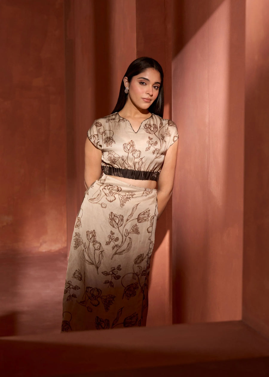 A Model Wearing Beige Linen Bemberg Vanilla Crop Top, curated by Only Ethikal