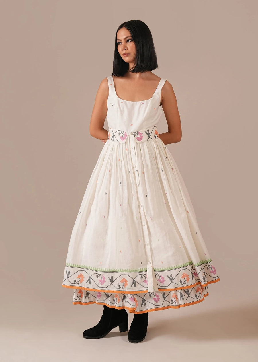 A Model Wearing Multicolor Pure Cotton Whispering Lotus Dress, curated by Only Ethikal