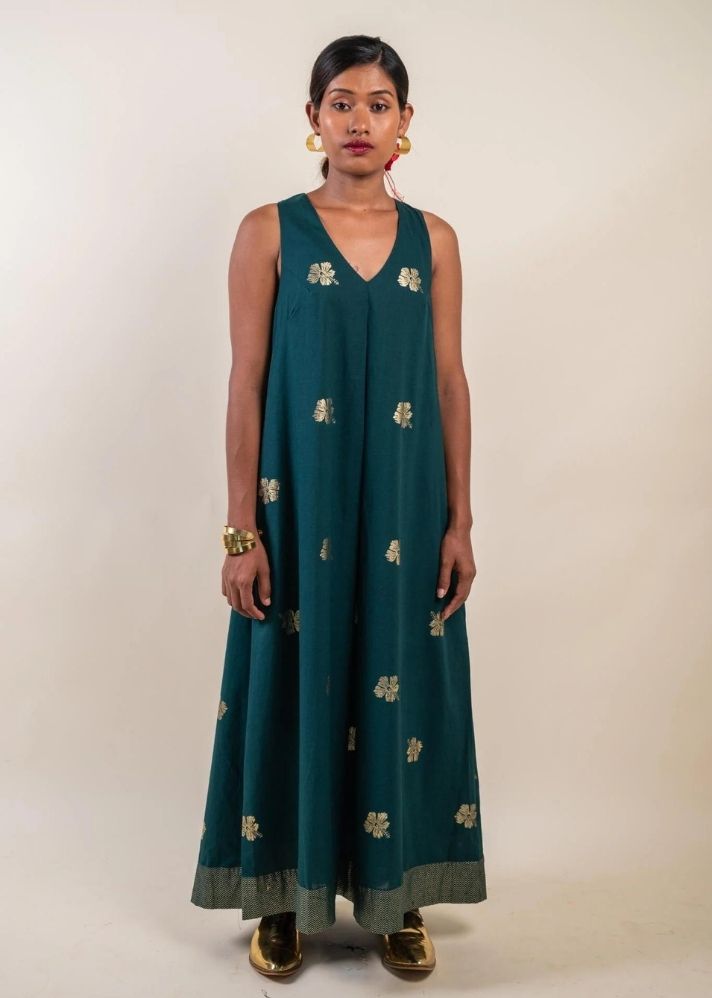 A Model Wearing Green Pure Cotton Swaraa Dress, curated by Only Ethikal