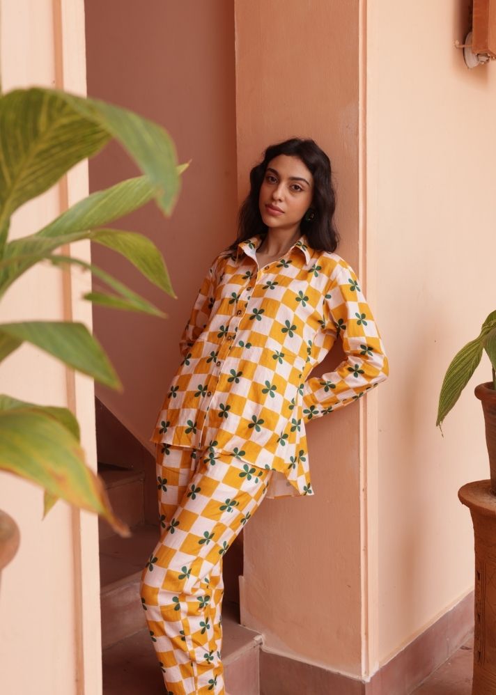A Model Wearing Multicolor Organic Cotton Agua Pants- Mustard Checks, curated by Only Ethikal