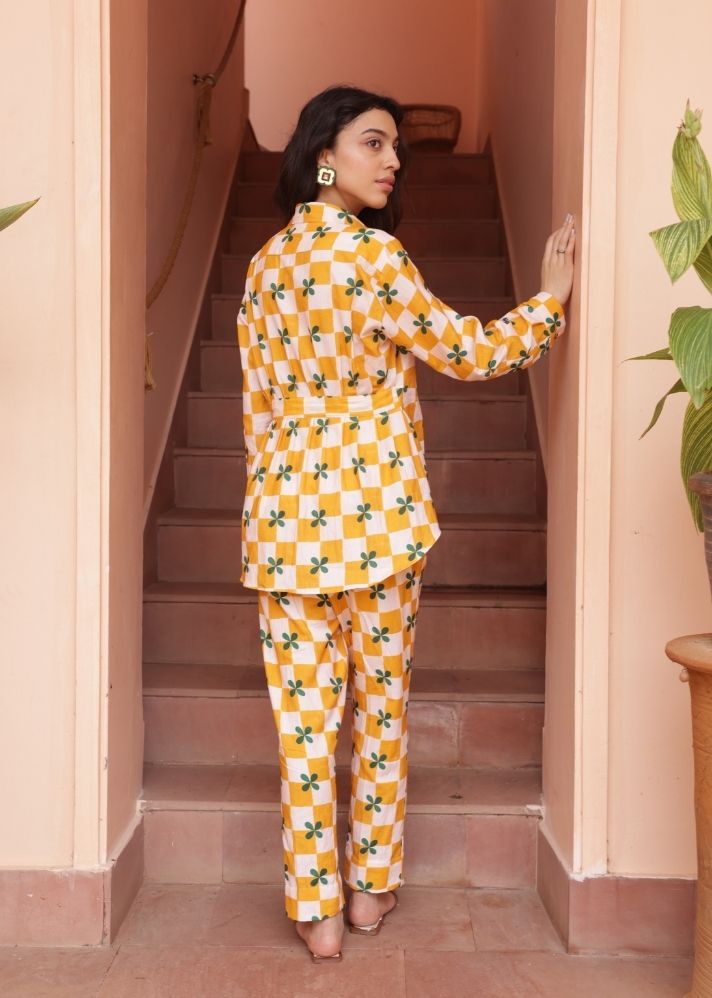 A Model Wearing Multicolor Organic Cotton Agua Pants- Mustard Checks, curated by Only Ethikal