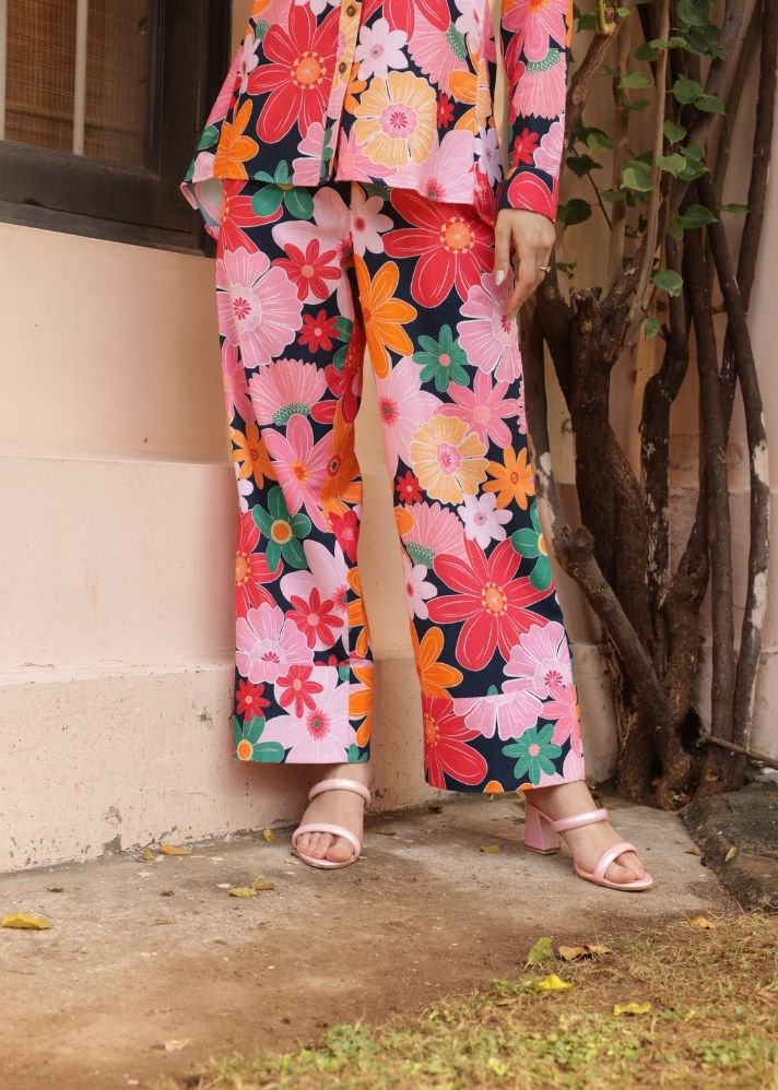 A Model Wearing Multicolor Organic Cotton Fluid Pants- Mosaic Pink Print, curated by Only Ethikal