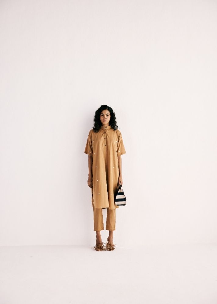 A Model Wearing Beige Cotton Mul Sand Kurta Set, curated by Only Ethikal